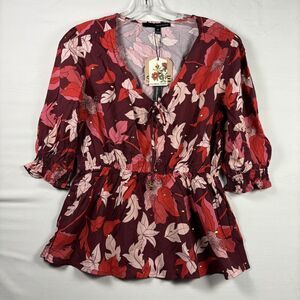 Harve Benard Shine womens floral pinks smock 3/4sleeve bow/bead M NWT